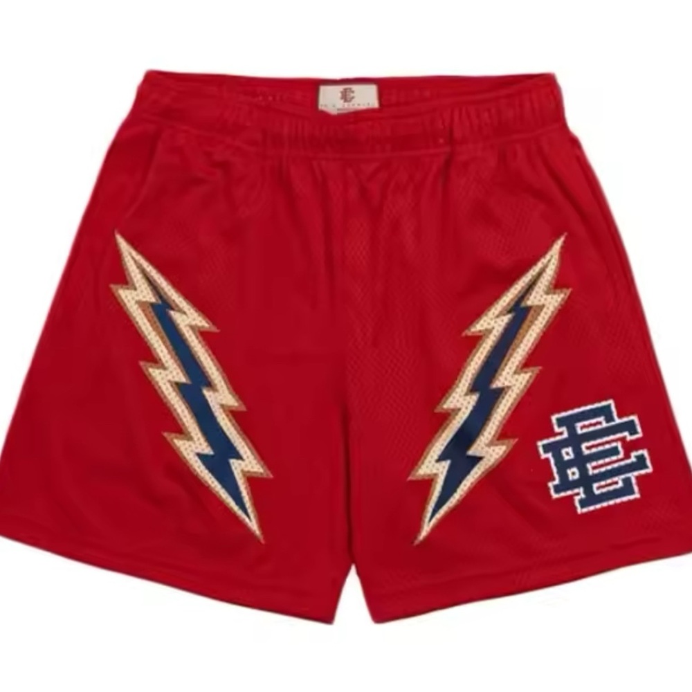 Eric Emanuel Red Athletic Shorts Lightning Bolt Design